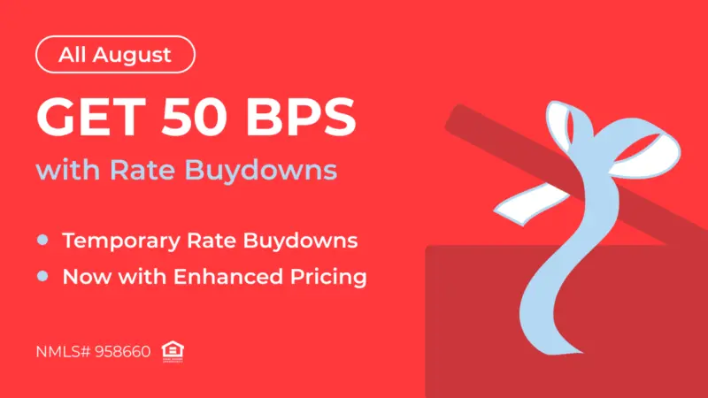 Blog cover announcing AD Mortgage's August promo: extra 50 bps price incentive on eligible loans with temporary rate buydowns