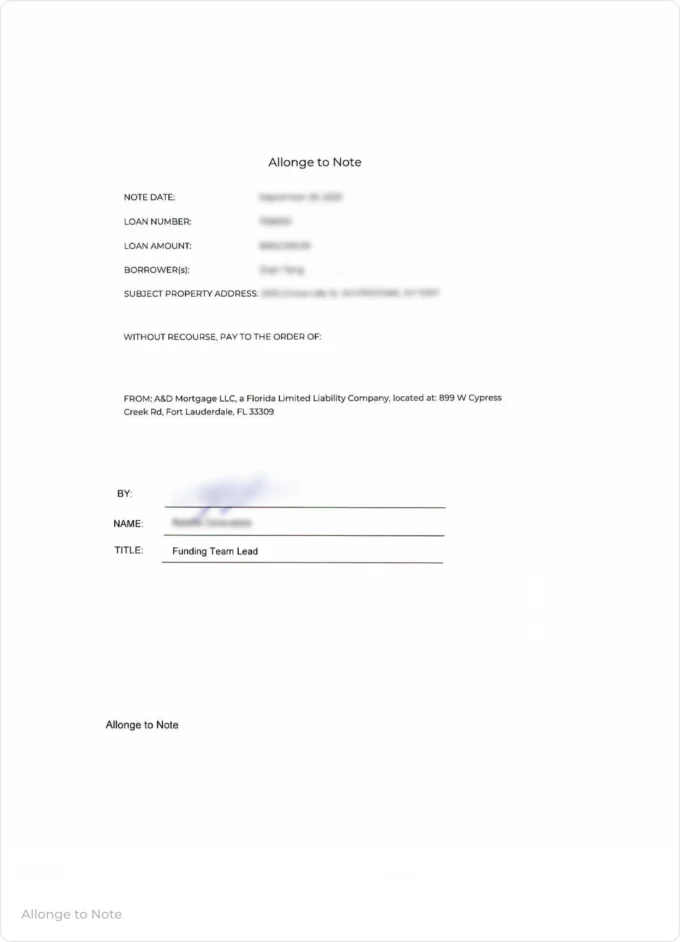 Sample Allonge to Note document, one of the required collateral documents in a correspondent loan sale