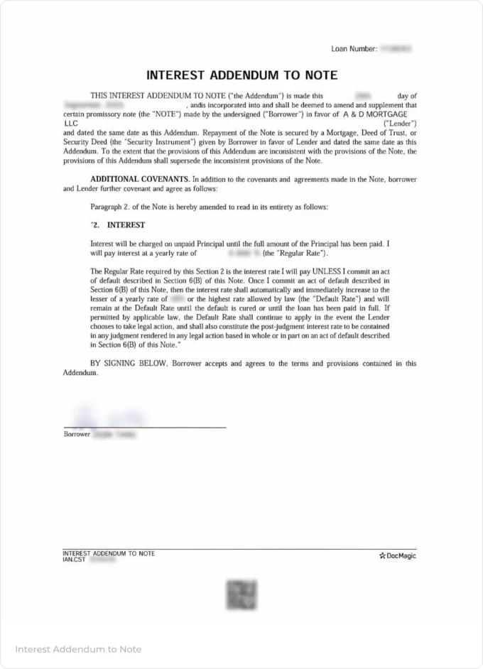 Sample Interest Addendum to Note document, an example of an Addendum to Note required in the collateral document package