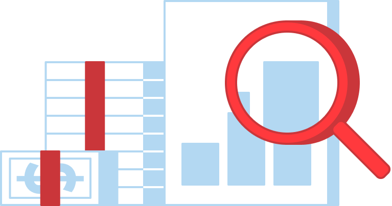 magnifying glass in front of a bar chart