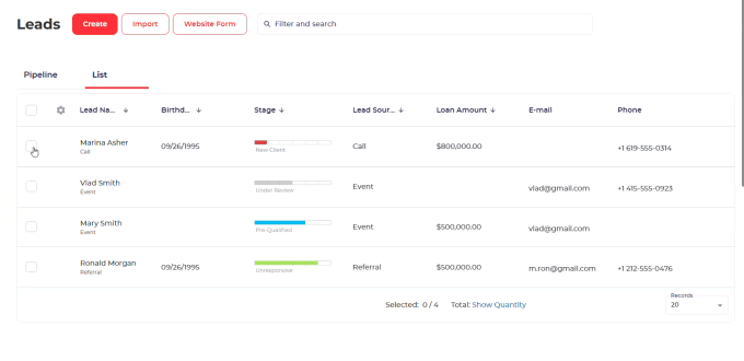 GIF showing LEADer CRM flow